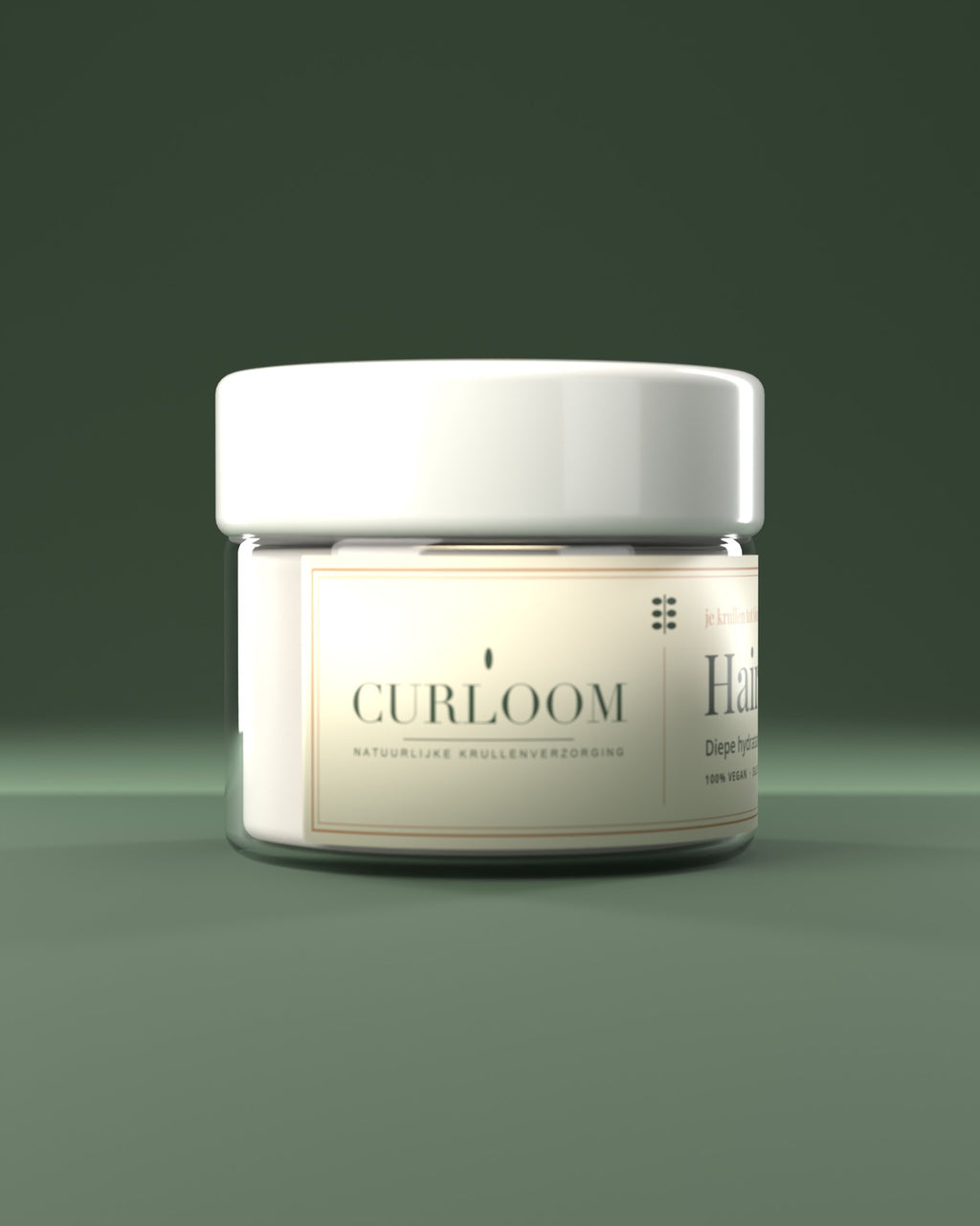 Curloom masque capillaire – côté avec le logo Curloom, soin naturel des boucles