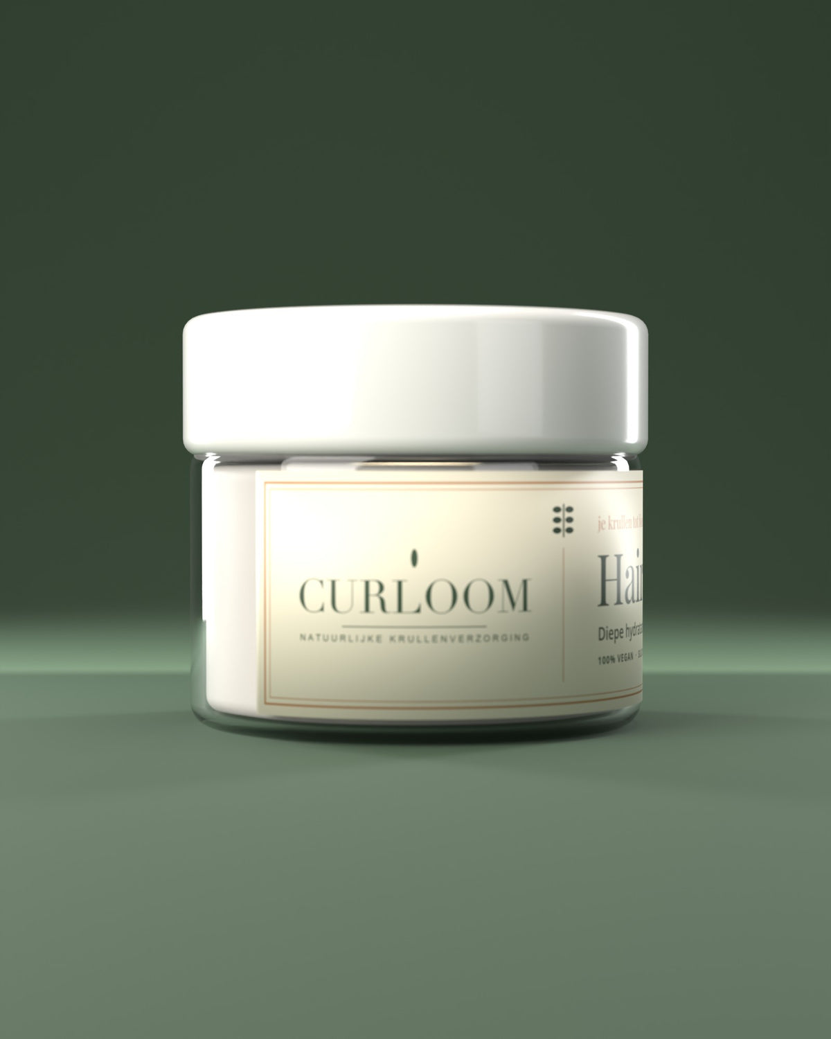 Curloom haarmasker – zijkant met Curloom-logo, natuurlijke krullenverzorging