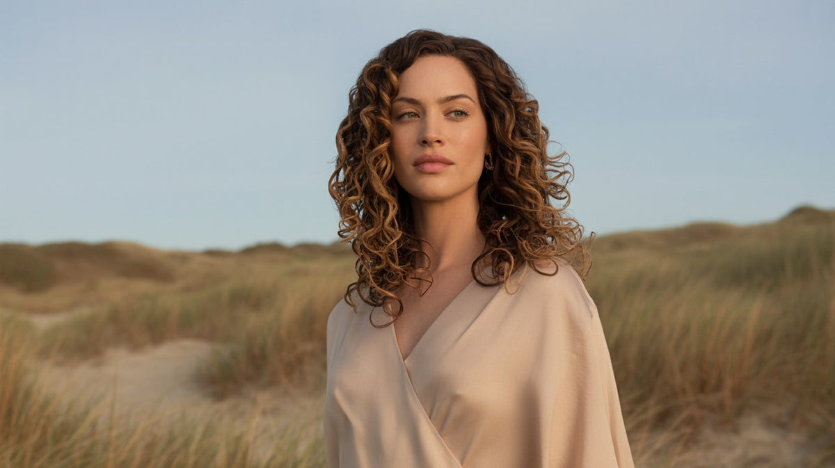 Vrouw met golvende krullen in een zandkleurige jurk in de duinen – Curloom